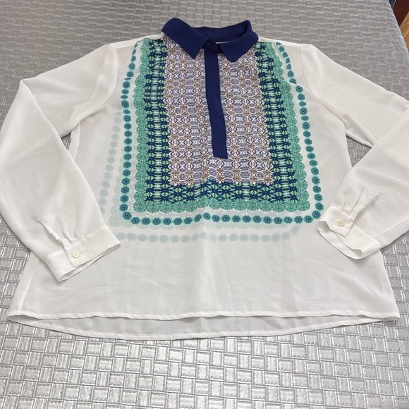J Crew Scarf Bandana Print White Henley Blouse Size M - Picture 1 of 6